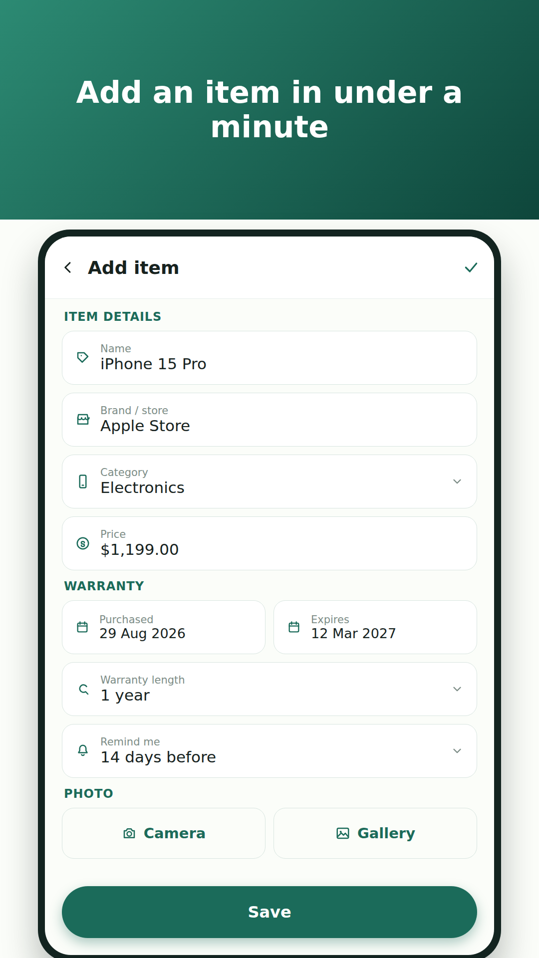 WarrantyVault add item screen